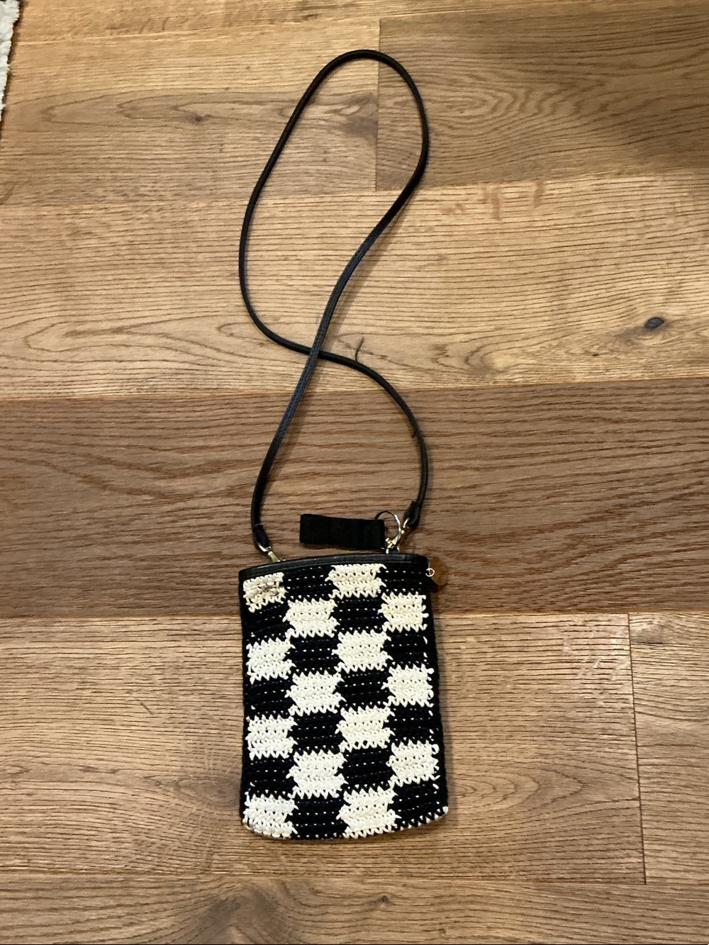 Crochet Check Crossbody Phone Bag — Black & White